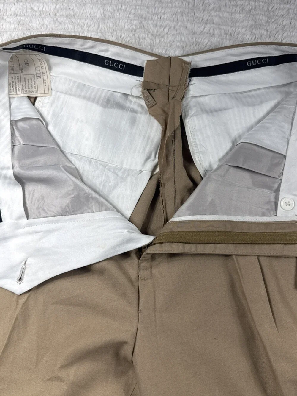Gucci Men Wool Poly Beige Pants Trousers Size 40 Fits 32x31” France VTG 2001 EUC